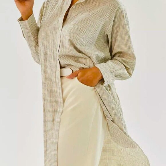 Maeve by Anthropologie Maxi Tunic Top Size S Tan White Plaid Button Down - Picture 2 of 14